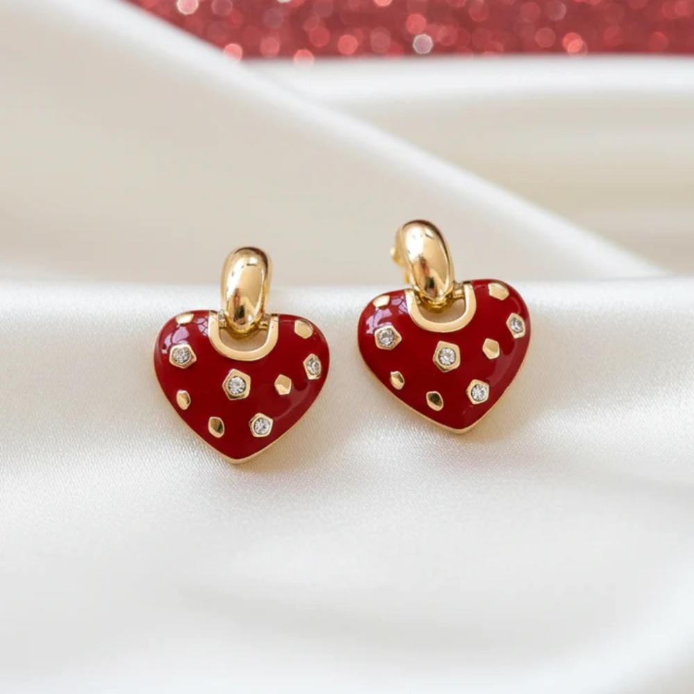 Gold & Red Heart Drop Earrings
